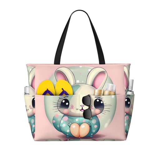 LiuMng Strandtasche mit großer Kapazität – bedruckt, wasserdichte Reisetasche, rosa Cartoon-Häschen, mehrere Taschen, Tragetasche für Urlaub, Fitnessstudio, Damen, Schwarz, Einheitsgröße von LiuMng