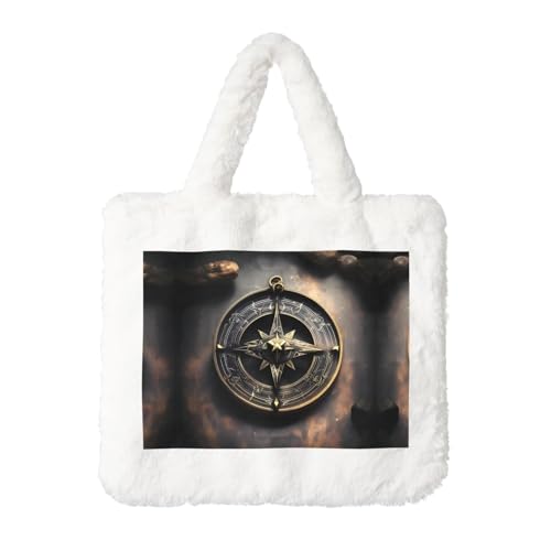 Magisches Design nordische Runen Kompass Plüsch Handtasche: Damen Flauschige Schultertasche - Herbst Winter Tote Crossbody Tasche Münztasche Geldbörse von LiuMng