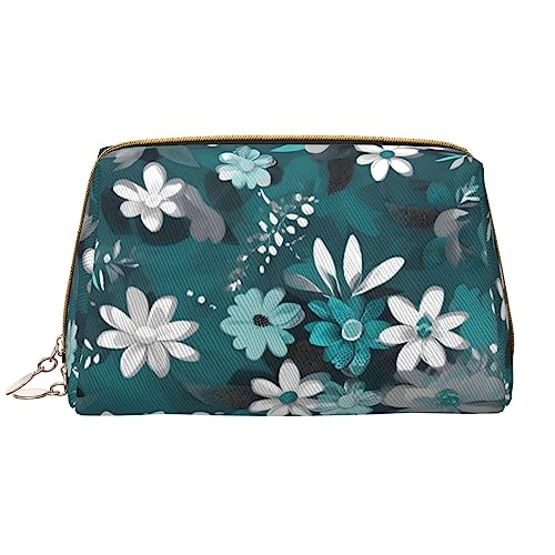 Make-up-Tasche für Damen, Blumenmuster, großes Fassungsvermögen, Reise-Kosmetiktasche, PU-Leder, Reißverschluss, tragbar, weit offen, Weiß, Einheitsgröße von LiuMng