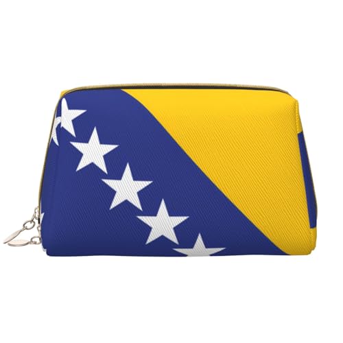 Make-up-Tasche für Damen, Motiv: Flagge von Bosnien und Herzegowina, großes Fassungsvermögen, Reise-Kosmetiktasche, PU-Leder, Reißverschluss, tragbar, weit offen, weiß, Einheitsgröße von LiuMng
