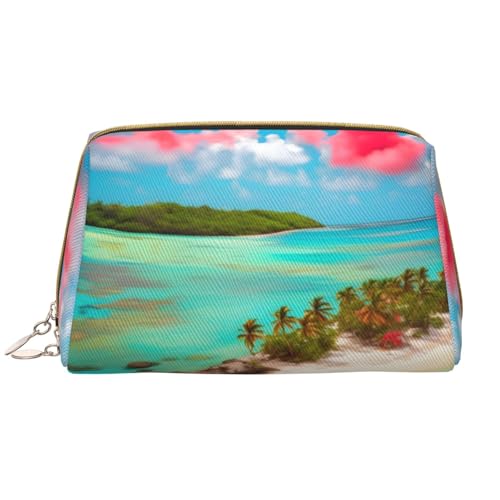 Make-up-Tasche für Damen, Motiv: Karibiklandschaft, großes Fassungsvermögen, Reise-Kosmetiktasche, PU-Leder, Reißverschluss, tragbar, weit offen, weiß, Einheitsgröße von LiuMng