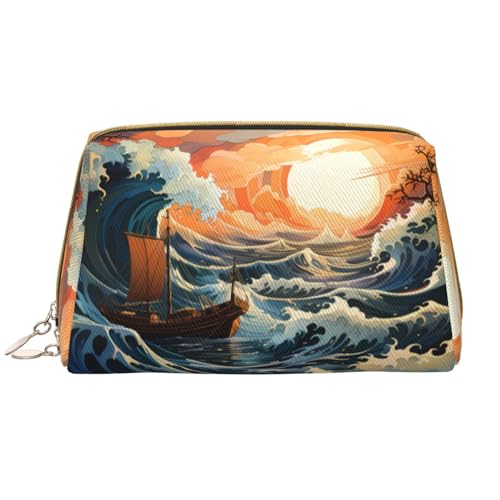 Make-up-Tasche für Damen, Motiv: Meer und Segel, großes Fassungsvermögen, Reise-Kosmetiktasche, PU-Leder, Reißverschluss, tragbar, weit geöffnet, Organizer von LiuMng