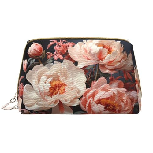 Make-up-Tasche für Damen, Motiv: Pfingstrosen, großes Fassungsvermögen, Reise-Kosmetiktasche, PU-Leder, Reißverschluss, tragbar, weit offen, weiß, Einheitsgröße von LiuMng