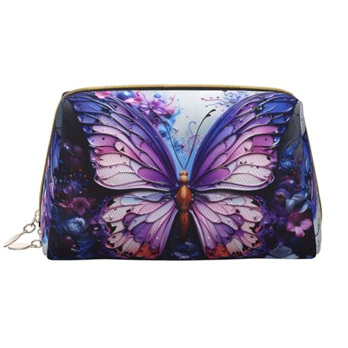 Make-up-Tasche für Damen, Motiv: Schmetterlinge und Blumen, großes Fassungsvermögen, Reise-Kosmetiktasche, PU-Leder, mit Reißverschluss, tragbar, weit geöffneter Organizer von LiuMng
