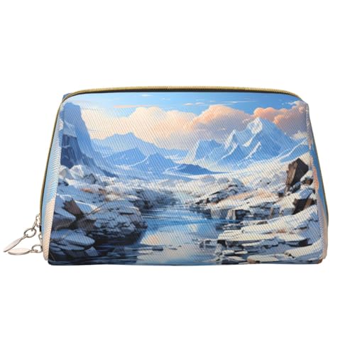 Make-up-Tasche für Damen, Motiv: Schnee-Berglandschaft, großes Fassungsvermögen, Reise-Kosmetiktasche, PU-Leder, Reißverschluss, tragbar, weit offen, weiß, Einheitsgröße von LiuMng
