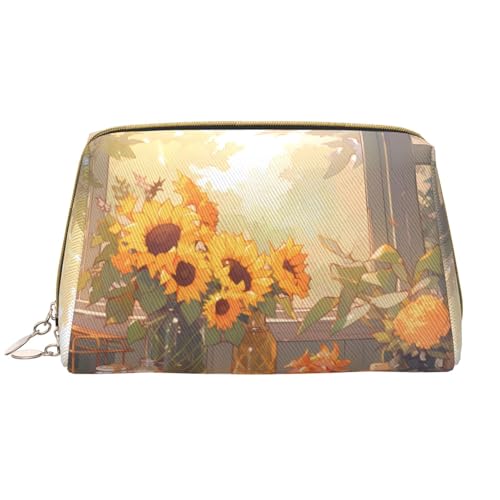 Make-up-Tasche für Damen, Motiv: Sonnenblumen unter der Fensterbank, großes Fassungsvermögen, Reise-Kosmetiktasche, PU-Leder, Reißverschluss, tragbar, weit geöffneter Organizer von LiuMng