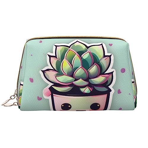 Make-up-Tasche für Damen, Motiv: lächelnde Sukkulenten, großes Fassungsvermögen, Reise-Kosmetiktasche, PU-Leder, Reißverschluss, tragbar, weit geöffneter Organizer von LiuMng