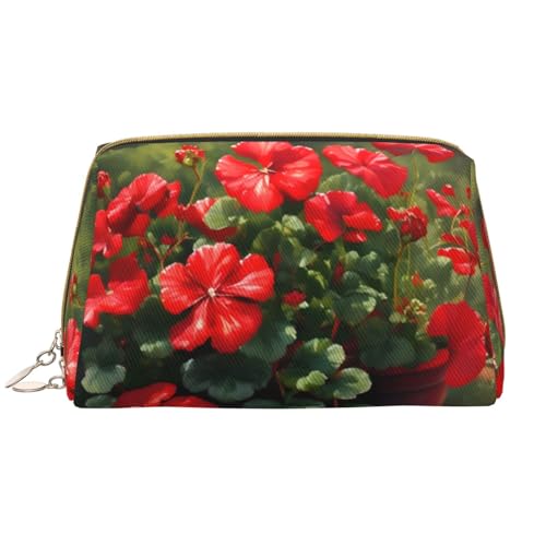 Make-up-Tasche für Damen, Motiv: rote Geranien, großes Fassungsvermögen, Reise-Kosmetiktasche, PU-Leder, mit Reißverschluss, tragbar, weit geöffneter Organizer von LiuMng
