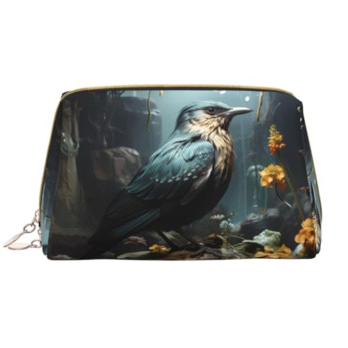 Make-up-Tasche für Damen, Motiv: schwarzer Vogel und Blume, großes Fassungsvermögen, Reise-Kosmetiktasche, PU-Leder, Reißverschluss, tragbar, weit geöffneter Organizer von LiuMng