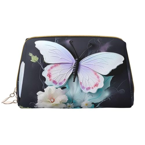 Make-up-Tasche für Damen, Motiv: weiße Schmetterlinge, großes Fassungsvermögen, Reise-Kosmetiktasche, PU-Leder, Reißverschluss, tragbar, weit geöffneter Organizer von LiuMng