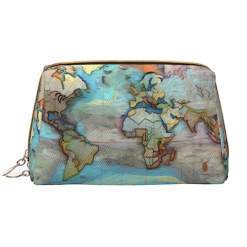 Make-up-Tasche mit Cartoon-Weltkarte für Damen, großes Fassungsvermögen, Reise-Kosmetiktasche, PU-Leder, mit Reißverschluss, tragbar, weit geöffneter Organizer von LiuMng
