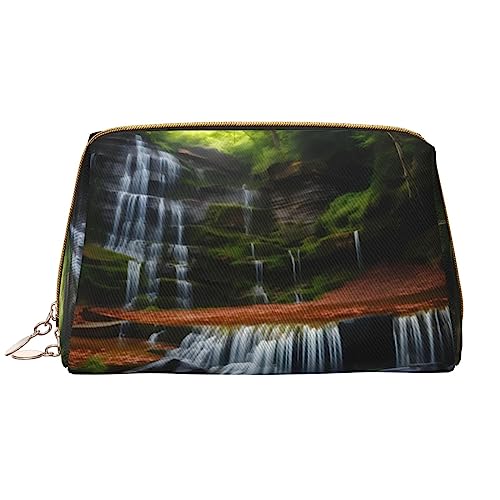 Make-up-Tasche mit Wasserfallansicht für Damen, großes Fassungsvermögen, Reise-Kosmetiktasche, PU-Leder, Reißverschluss, tragbar, weit offen, weiß, Einheitsgröße von LiuMng