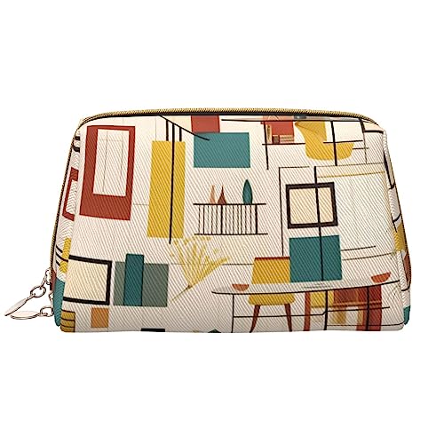 Mid Century Moderne Make-up-Tasche für Damen, großes Fassungsvermögen, Reise-Kosmetiktasche, PU-Leder, Reißverschluss, tragbar, weit offen, weiß, Einheitsgröße Mid Century Moderne Make-up-Tasche für Damen, großes Fassungsvermögen, Reise-Kosmetiktasche, PU-Leder, Reißverschluss, tragbar, weit offen, weiß, Einheitsgröße von LiuMng