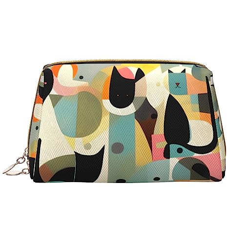 Moderne Make-up-Tasche für Damen, Motiv: Katze aus der Mitte des Jahrhunderts, großes Fassungsvermögen, Reise-Kosmetiktasche, PU-Leder, mit Reißverschluss, tragbar, weit geöffneter Organizer von LiuMng