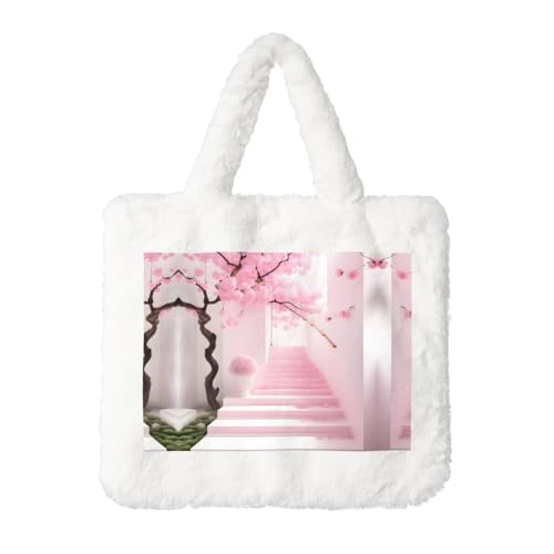 Rosa Kirschblüten-Treppen-Plüsch-Handtasche: flauschige Damen-Umhängetasche, Herbst/Winter, Umhängetasche, Münztasche, Geldbörse von LiuMng