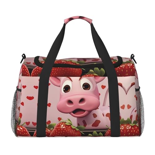 Rosafarbene Kuh mit Erdbeeren-Aufdruck, große Handtasche, wasserdichte Tragetasche für Damen, Seesack, Sport, Fitnessstudio für Herren von LiuMng