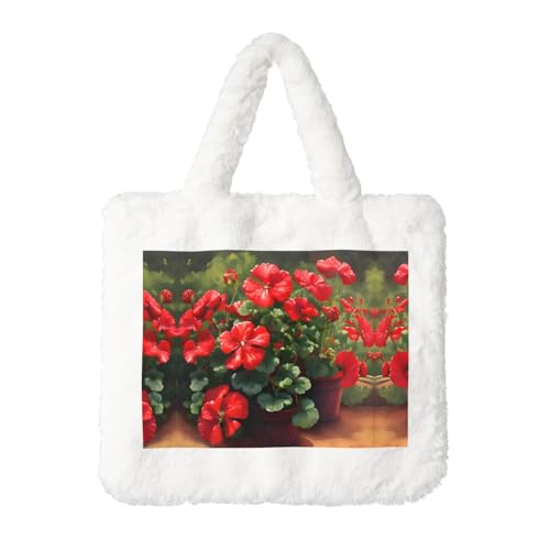 Rote Geranien Plüsch Handtasche: Damen Flauschige Schultertasche - Herbst/Winter Tote Crossbody Tasche Münztasche Geldbörse Rote Geranien Plüsch Handtasche: Damen Flauschige Schultertasche - Herbst/Winter Tote Crossbody Tasche Münztasche Geldbörse von LiuMng