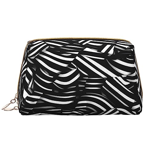 Schwarze und weiße Linien Make-up-Tasche für Damen, großes Fassungsvermögen, Reise-Kosmetiktasche, PU-Leder, Reißverschluss, tragbar, weit offen, weiß, Einheitsgröße von LiuMng