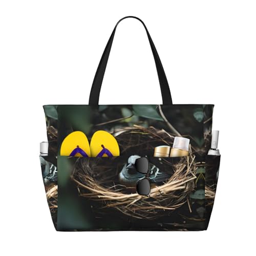 Strandtasche mit großem Fassungsvermögen, bedruckt, wasserdicht, Reisetasche, kleines Vogelnest, mehrere Taschen, Tragetasche für Urlaub, Fitnessstudio, Damen Strandtasche mit großem Fassungsvermögen, bedruckt, wasserdicht, Reisetasche, kleines Vogelnest, mehrere Taschen, Tragetasche für Urlaub, Fitnessstudio, Damen von LiuMng