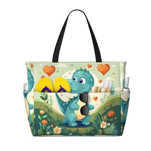 Strandtasche mit großem Fassungsvermögen, bedruckt, wasserdicht, kleiner Dinosaurier in grünem Gras, Tragetasche mit mehreren Taschen für Urlaub, Fitnessstudio, Damen Strandtasche mit großem Fassungsvermögen, bedruckt, wasserdicht, kleiner Dinosaurier in grünem Gras, Tragetasche mit mehreren Taschen für Urlaub, Fitnessstudio, Damen von LiuMng