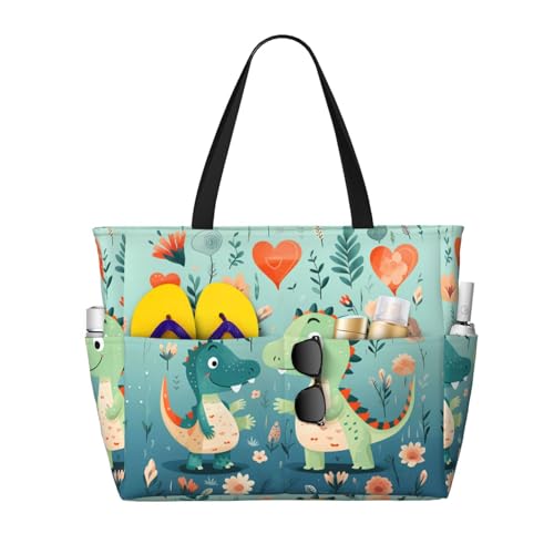 Strandtasche mit großem Fassungsvermögen, bedruckt, wasserdicht, niedlicher kleiner Dinosaurier, Baby-Tragetasche mit mehreren Taschen für Urlaub, Fitnessstudio, Damen von LiuMng