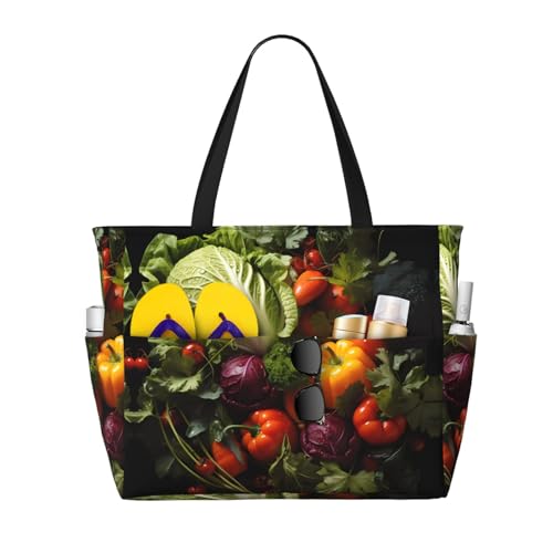 Strandtasche mit großem Fassungsvermögen, bedruckt, wasserdichte Reisetasche, viel frisches Gemüse, Tragetasche mit mehreren Taschen für Urlaub, Fitnessstudio, Damen, Schwarz, Einheitsgröße von LiuMng