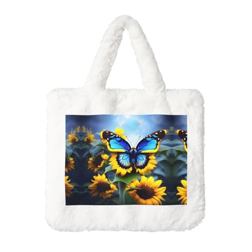 Sunflower Blue Butterfly Plush Handtasche: Damen Flauschige Schultertasche - Herbst/Winter Tote Crossbody Bag Münztasche Geldbörse Sunflower Blue Butterfly Plush Handtasche: Damen Flauschige Schultertasche - Herbst/Winter Tote Crossbody Bag Münztasche Geldbörse von LiuMng