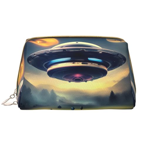 UFO Landing Make-up-Tasche für Damen, großes Fassungsvermögen, Reise-Kosmetiktasche, PU-Leder, Reißverschluss, tragbar, weit offen, weiß, Einheitsgröße von LiuMng
