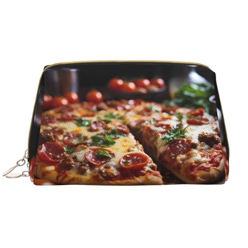 Verlockende Wurst-Pizza-Make-up-Tasche für Damen, großes Fassungsvermögen, Reise-Kosmetiktasche, PU-Leder, Reißverschluss, tragbar, weit offen, weiß, Einheitsgröße von LiuMng
