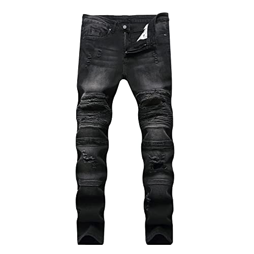 Liuhond Herren Dünne Art und Weise Zerrissene gerade Löcher Hip Hop Biker Dehnbare Jeans 34W x 31L Schwarz von Liuhond