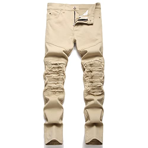 Liuhond Skinny Slim Fashion Herren zerrissene gerade Löcher Hip Hop Biker Stretchy Jeans, 6610Khaki, 54 von Liuhond
