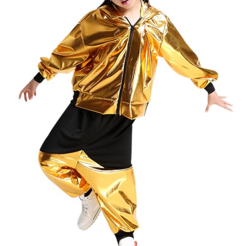 Liujiami Mädchen Kostüm-Sets Hip Hop Tanzkleidung Kinder Jungen Pailletten Tanzen Gesellschaftstanz Modern Jazz Kleidung Oberteil Hose 2-Teilig Straßentanz Outfits, Gold 170cm (Kleinere Größen) von Liujiami