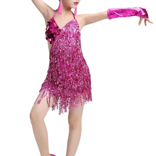 Liujiami Mädchen Schleife Pailletten Quaste Lateinisches Tanzkleid Kinder Salsa Samba Rumba Tango Jazz Karneval Auftritt Wettbewerb Kostüm, Rosa 160cm (Kleinere Größen) von Liujiami