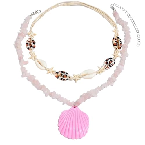 Bohemian Doppelschicht Halskette für Frauen, rosa Schale Leopard Druck Muschel Dainty Halskette Choker Summer Beach Look Schmuck von Liumarvexia
