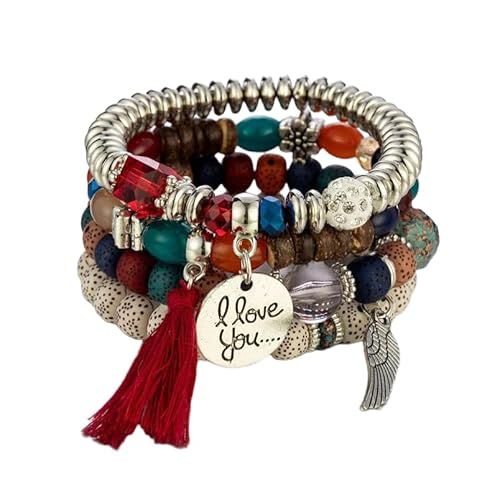 Bohemian Multi Layer Armband mit Tassel Wings Ich liebe Sie Anhänger, Boho Armband Charme Schmuck mit Geschenkbox für Frauen Sommer Strand Party Stapelbar Stretch Schmuck Geschenke, Color4 von Liumarvexia