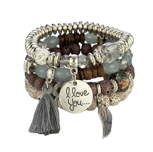 Bohemian Multi Layer Armband mit Tassel Wings Ich liebe Sie Anhänger, Boho Armband Charme Schmuck mit Geschenkbox für Frauen Sommer Strand Party Stapelbar Stretch Schmuck Geschenke, Color5 von Liumarvexia