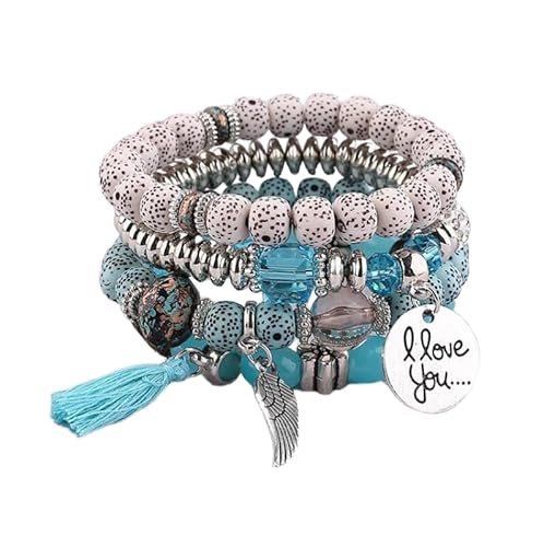 Bohemian Multi Layer Armband mit Tassel Wings Ich liebe Sie Anhänger, Boho Armband Charme Schmuck mit Geschenkbox für Frauen Sommer Strand Party Stapelbar Stretch Schmuck Geschenke, Color7 von Liumarvexia