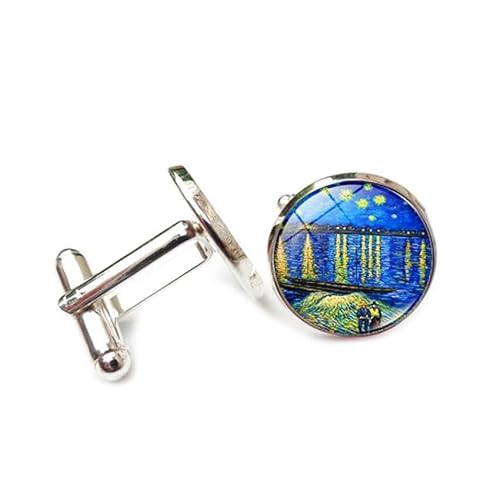 Cufflinks for Men Women with Art Painting Apricot Blossom Starry Sky Pattern Classic Round Men's Cufflinks Jewelry for Wedding Anniversary Business Party Events Tuxedo Dress Shirt von Liumarvexia