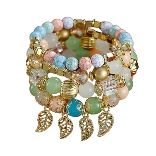 Liumarvexia Bohemian Style Multi-Layered Perlen Blatt Anhänger Armband, Boho Armband Charme Schmuck mit Geschenkbox für Frauen Sommer Beach Party Stapelbar Stretch Schmuck Geschenke, Color2 von Liumarvexia