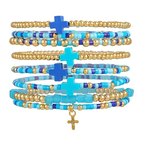 Liumarvexia Bohemian bunte Kreuz Mehrschicht gestapelt Perlen Armband, Boho Armband Charme Schmuck mit Geschenkbox für Frauen Sommer Strand Party gestapelbar Stretch Schmuck Geschenke, Color2 von Liumarvexia