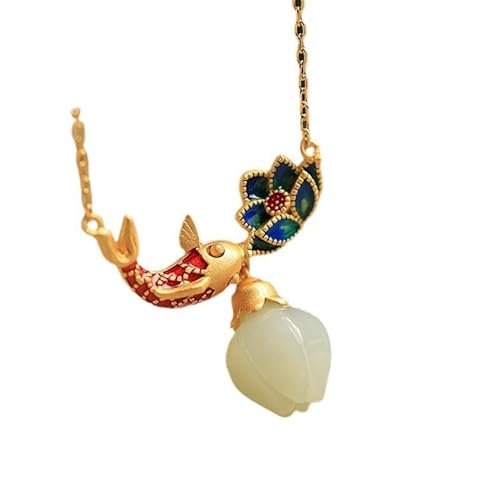 Liumarvexia Hotan Jade Emaille Koi Lotus Anhänger Halskette Natürliche Jade Elegante Retro Halskette Schmuck mit Geschenkbox für Frauen Frau Mutter von Liumarvexia