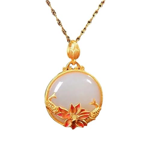 Liumarvexia Karpfe Lotus weiße Jade Anhänger Halskette natürliche Jade elegante Retro Halskette Schmuck mit Geschenkbox für Frauen Frau Mutter von Liumarvexia