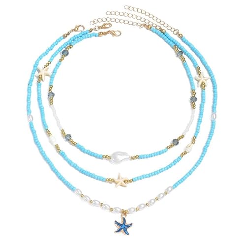 Liumarvexia Mehrschichtige Bohemian Blue Perlen Halskette für Frauen, blaue Seestern Krabbenbone Choker Sommer Strand Look Schmuck Accessoires von Liumarvexia