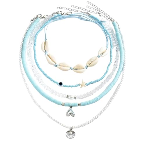 Liumarvexia Mehrschichtige böhmische Halskette für Frauen, blaue Perlen Fischschwanz Schale Kragenbein Choker Sommer Strand Look Schmuck Zubehör von Liumarvexia