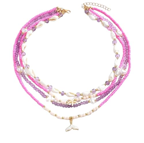 Liumarvexia Mehrschichtige böhmische Muschel Halskette für Frauen, rosa Perlen Fischschwanz Dainty Hals Choker Sommer Strand Look Schmuck Zubehör von Liumarvexia