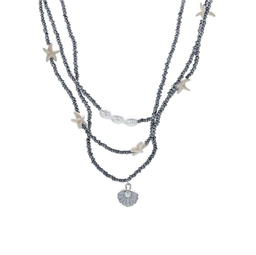 Liumarvexia Mehrschichtige böhmische Schale Halskette für Frauen, schwarz Perlen Fischschwanz Kragenbein Choker Sommer Strand Look Schmuck Zubehör von Liumarvexia