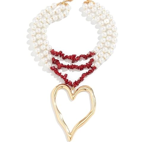Liumarvexia Übertrieben Multi-Layer Anhänger Halskette für Frauen, Imitation Perle Türkis Unregelmäßige Herz Choker Dainty Halskette Party Punk Trendy Schmuck rot verstellbar von Liumarvexia