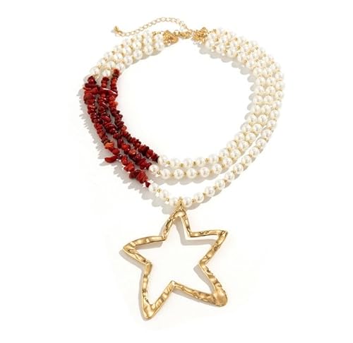 Liumarvexia Übertrieben unregelmäßige Stern Anhänger Halskette für Frauen, Perle bunte Kies Mehrschichtige Choker Dainty Halskette Party Punk Trendy Schmuck rot verstellbar von Liumarvexia