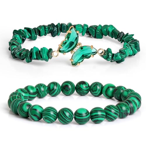 Natürliche Amethyst Türkis Doppelschicht Schmetterling Perlen Armband, Boho Armband Charme Schmuck mit Geschenkbox für Frauen Sommer Strand Stapelbar Stretch Schmuck Geschenke, Grün Malachit von Liumarvexia