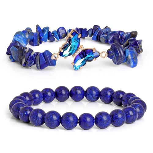 Natürliche Amethyst Türkis Doppelschicht Schmetterling Perlen Armband, Boho Armband Charme Schmuck mit Geschenkbox für Frauen Sommer Strand Stapelbar Stretch Schmuck Geschenke, Lapis Lazuli von Liumarvexia